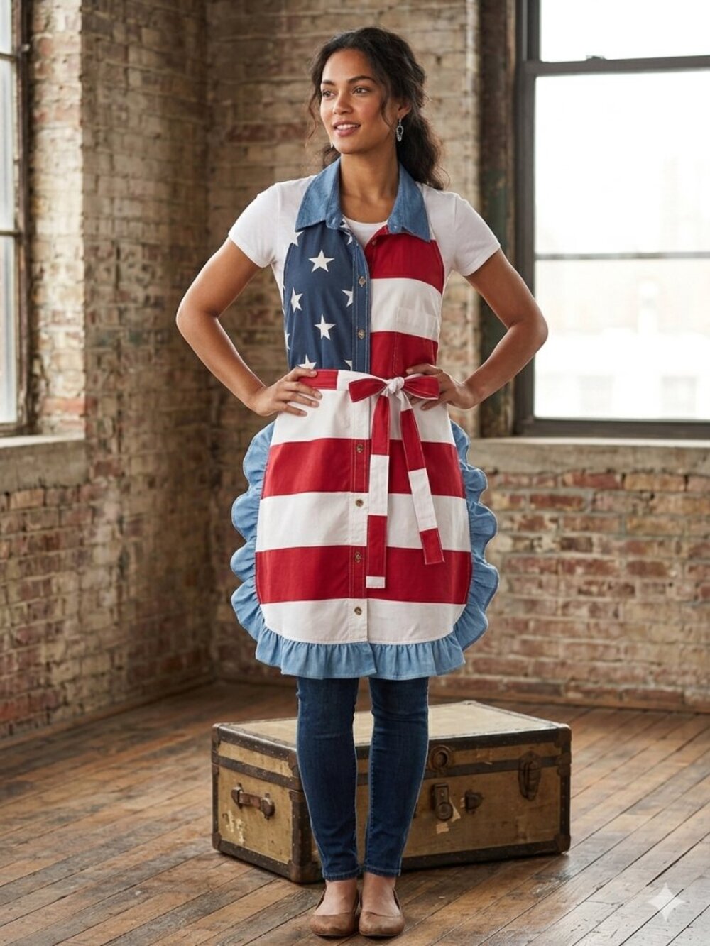 Handmade Upcycled RED White and BLUE Mans Shirt to Apron